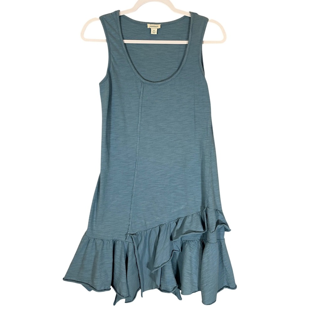 Sundance Ruffle Hem Asymmetric Tank Dress Sz XS 100% Cotton Blue Coastal‎ Boho